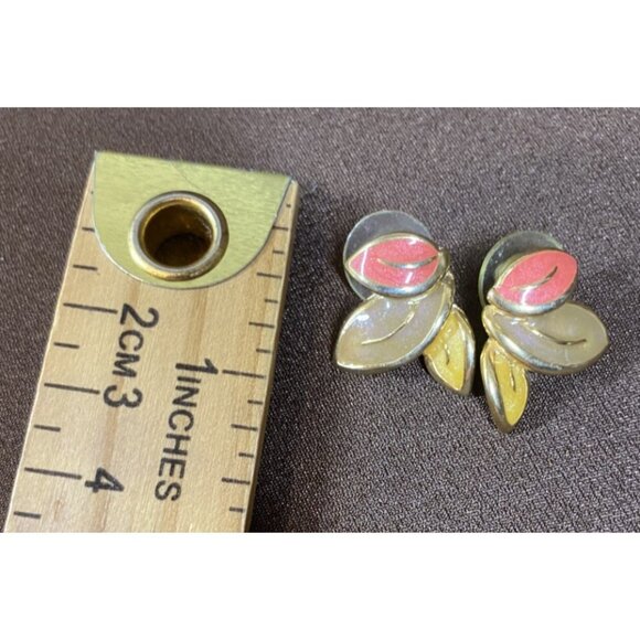 Autumn Enamel & Gold-Tone Leaf Earrings Tear Drop Stud Orange Tan Yellow 1" USA - Picture 2 of 4
